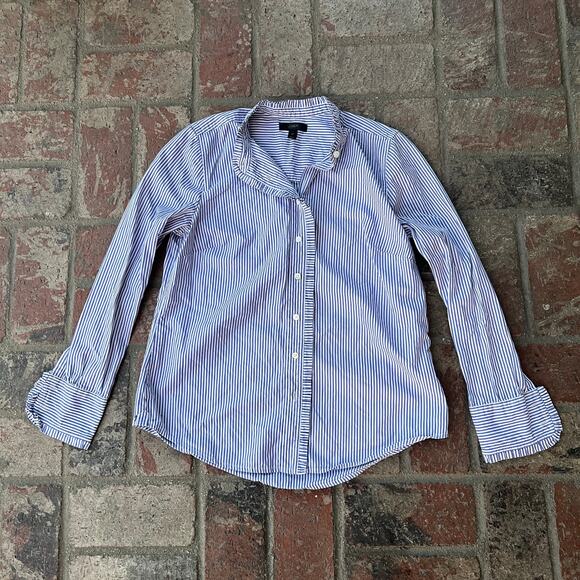 J Crew Stripped Long Sleeve Button Up Blouse Size 4P Blue White - Picture 1 of 3
